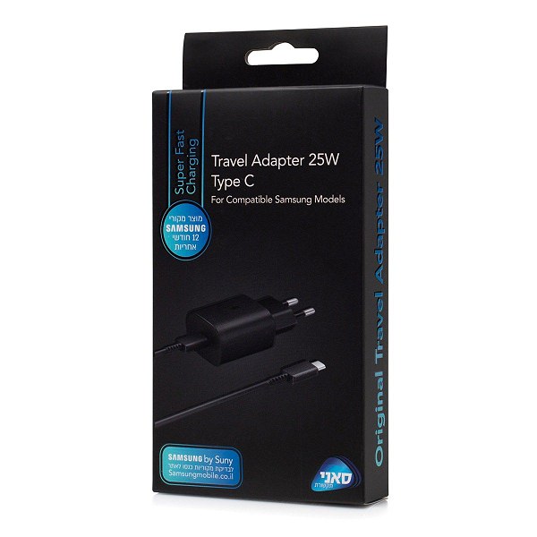 מטען קיר סמסונג מקורי מהיר 25W עם כבל טייפ-סי (שחור) - סאני