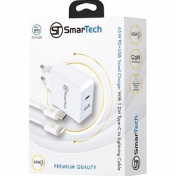 מטען קיר כפול PD+USB - 65W - עם כבל טייפ-סי ל-Lightning - דגם Sttc65w בטכנולוגיית GaN - חברת SmarTech - איכות מושלמת