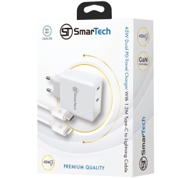 מטען קיר כפול Dual PD 45W - עם כבל טייפ-סי ל-Lightning - דגם Sttc45w בטכנולוגיית GaN - חברת SmarTech - איכות מושלמת