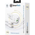 מטען רכב PD+USB 30W עם כבל טייפ-סי לטייפ-סי - דגם STCC30W מבית SmarTech - טעינה מהירה ובטוחה בדרכים